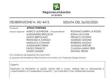 Domani al voto in consiglio la 'Legge per il clima' di Regione Lombardia